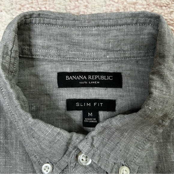 Banana Republic Light Gray Marled Button-Down Short Sleeve Shirt Slim Fit Linen - Picture 3 of 11